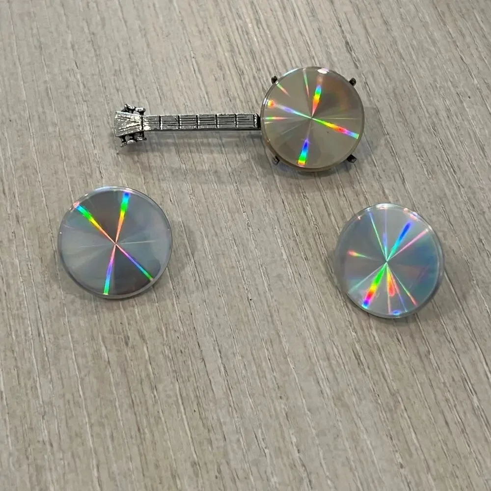 Vintage 1960s Holographic Banjo Pin and Earrings